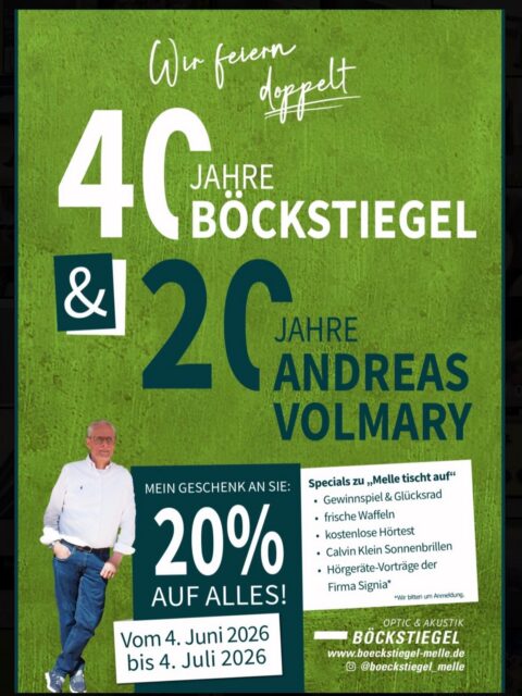 # Jubiläum # Melle # Signia # Brillen # Hörgeräte  Wir freuen uns auf drei tolle Tage während “Melle tischt auf“ vom 04.-06.06.🥂stoßt mit uns an, dreht am Glücksrad🍀oder besucht einen Hörgerätevortrag der Firma Signia🦻.